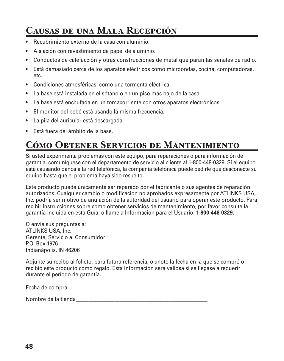 Causas de una mala recepción, Cómo obtener servicios de mantenimiento | GE 25833 User Manual | Page 100 / 104