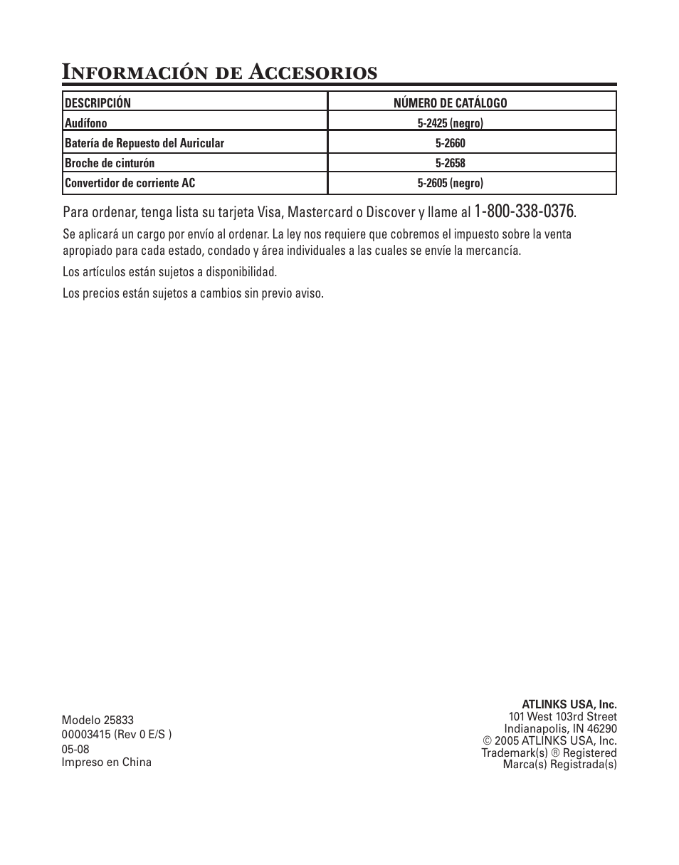 Información de accesorios | GE 25833 User Manual | Page 104 / 104