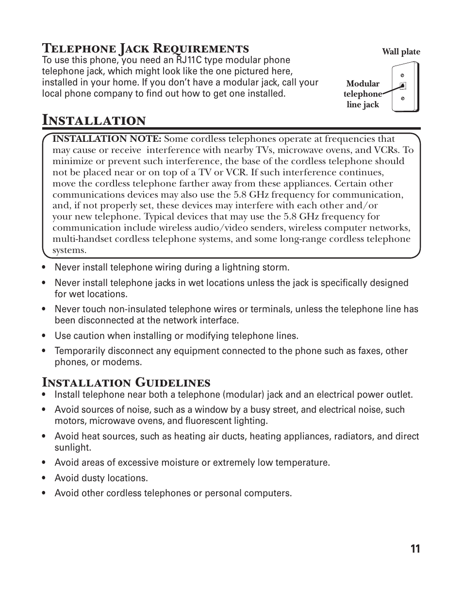 Installation, Telephone jack requirements, Installation guidelines | GE 25833 User Manual | Page 11 / 104