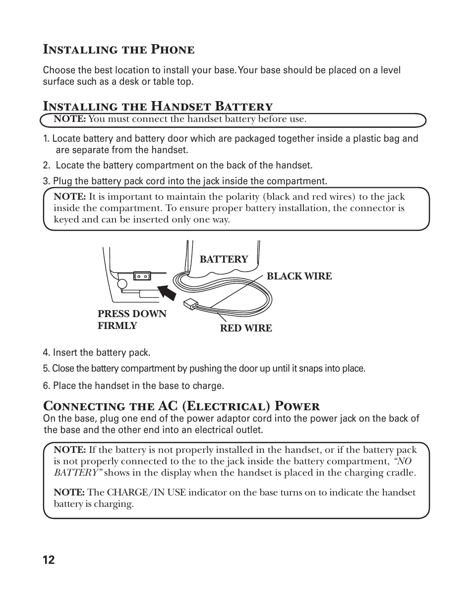 Installing the phone, Installing the handset battery, Connecting the ac (electrical) power | GE 25833 User Manual | Page 12 / 104