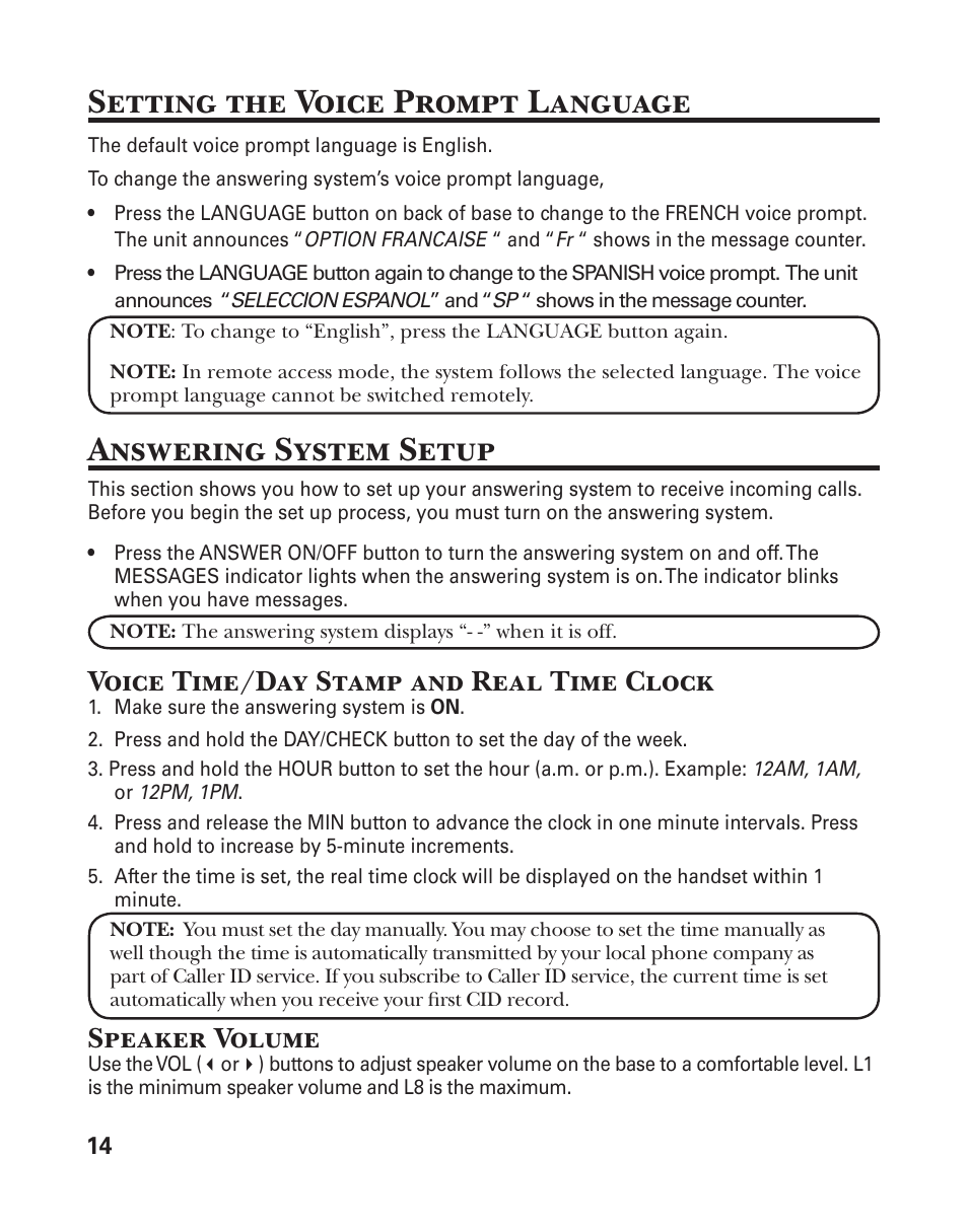 Setting the voice prompt language, Answering system setup, Voice time/day stamp and real time clock | Speaker volume | GE 25833 User Manual | Page 14 / 104