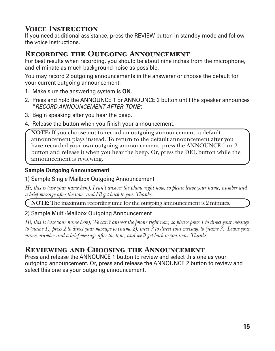 Voice instruction, Recording the outgoing announcement, Reviewing and choosing the announcement | GE 25833 User Manual | Page 15 / 104
