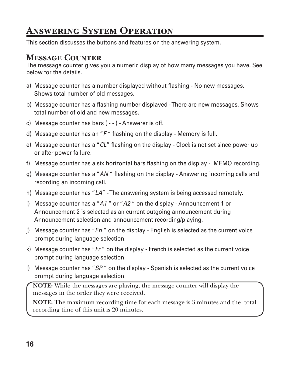 Answering system operation, Message counter | GE 25833 User Manual | Page 16 / 104