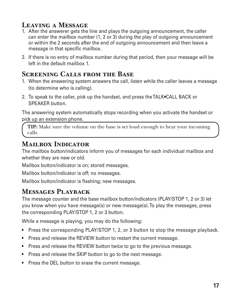 Leaving a message, Screening calls from the base, Mailbox indicator | Messages playback | GE 25833 User Manual | Page 17 / 104