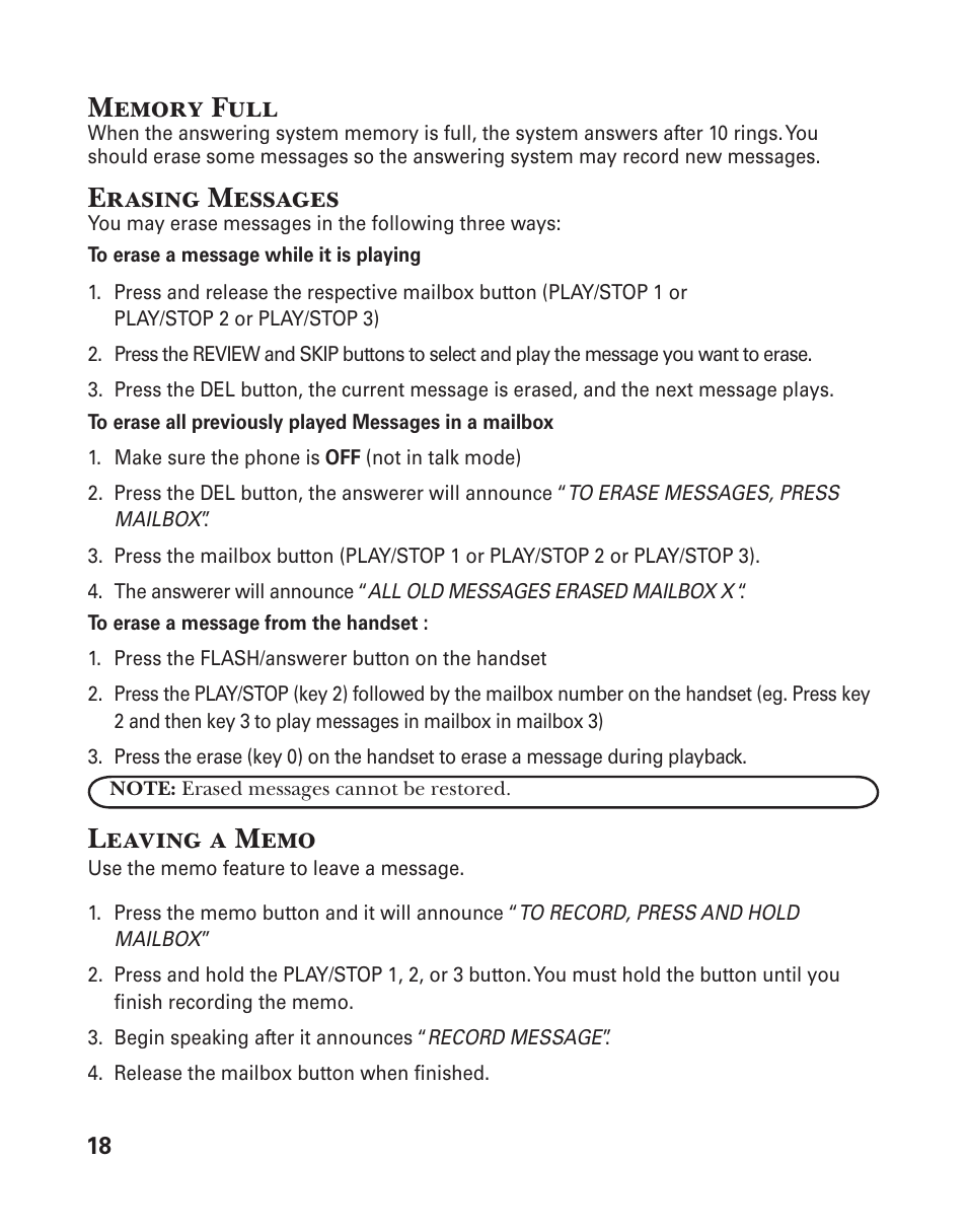 Erasing messages | GE 25833 User Manual | Page 18 / 104