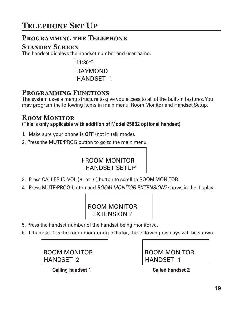 Telephone set up, Programming the telephone standby screen, Programming functions | Room monitor | GE 25833 User Manual | Page 19 / 104