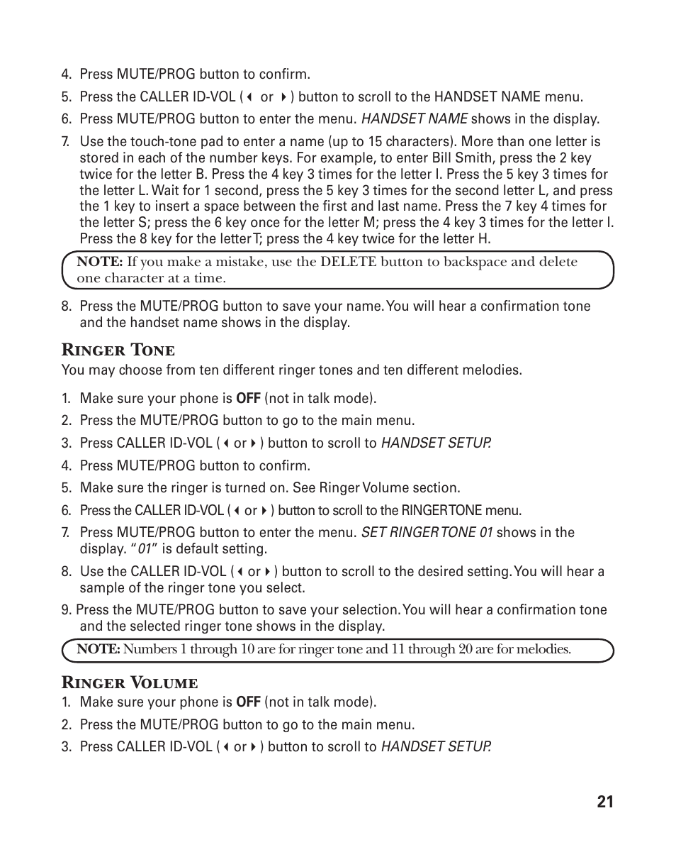Ringer tone, Ringer volume | GE 25833 User Manual | Page 21 / 104