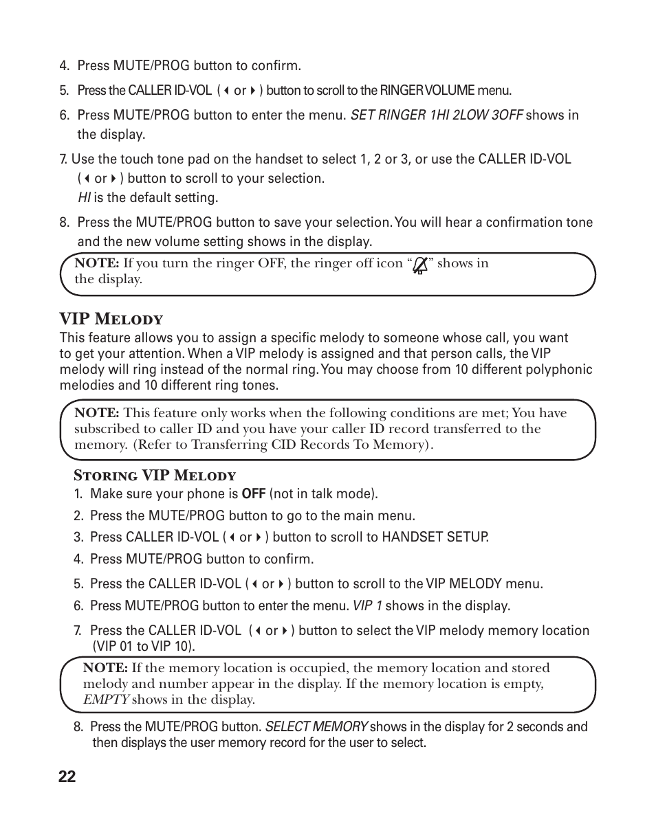 Vip melody | GE 25833 User Manual | Page 22 / 104
