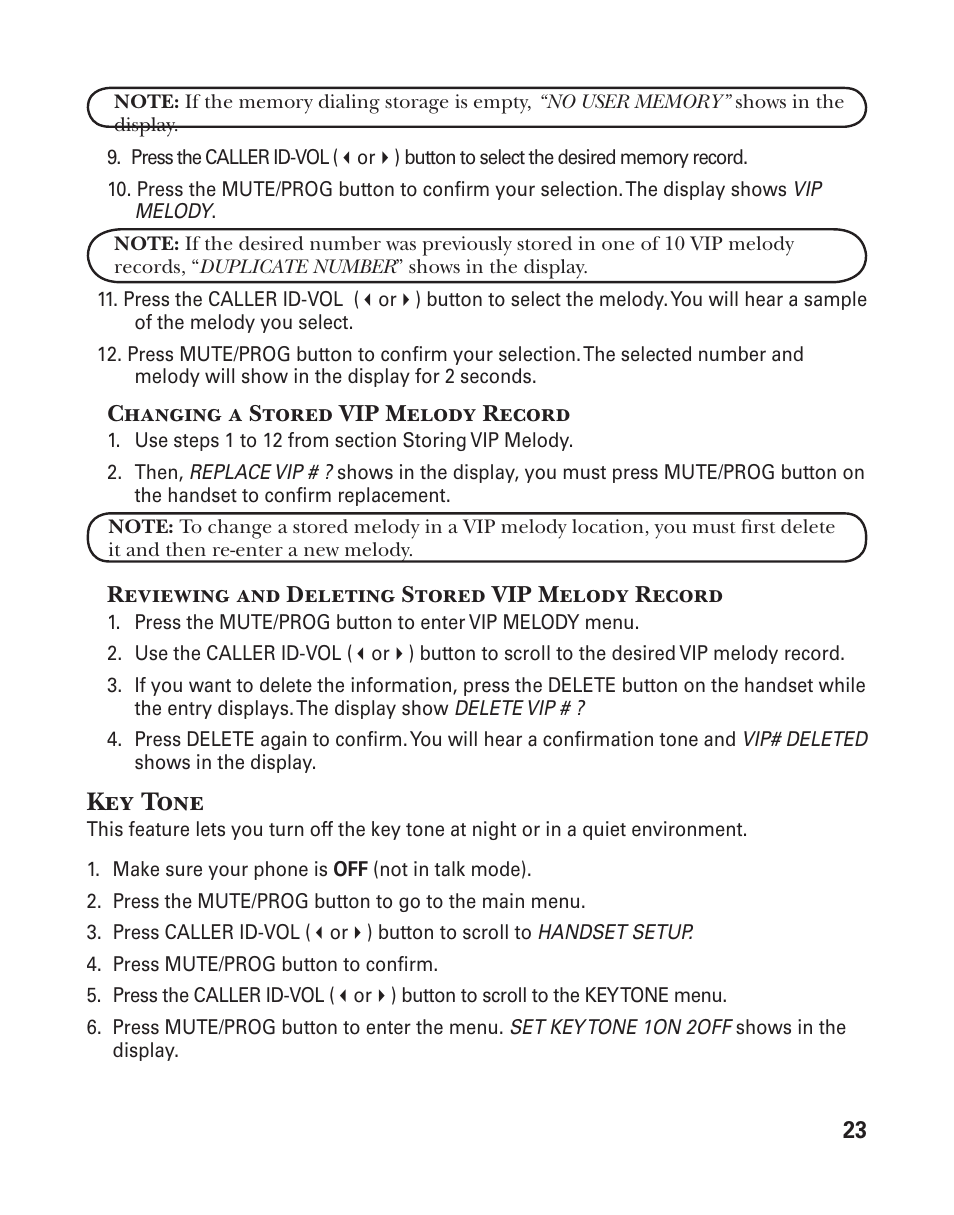 Key tone | GE 25833 User Manual | Page 23 / 104