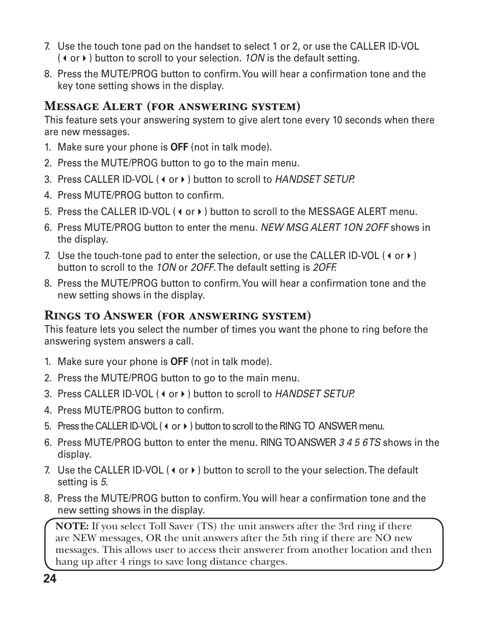 Message alert (for answering system), Rings to answer (for answering system) | GE 25833 User Manual | Page 24 / 104
