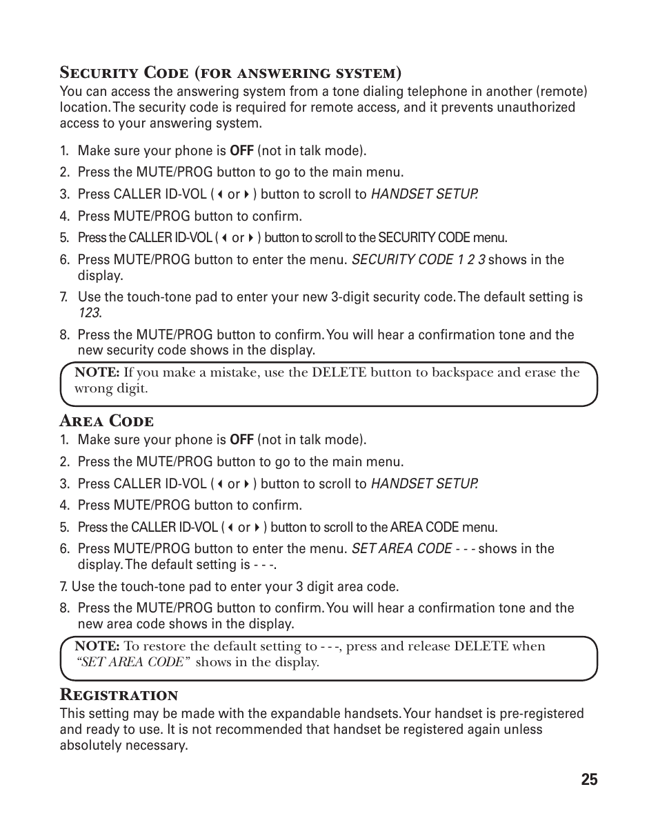 Security code (for answering system), Area code, Registration | GE 25833 User Manual | Page 25 / 104