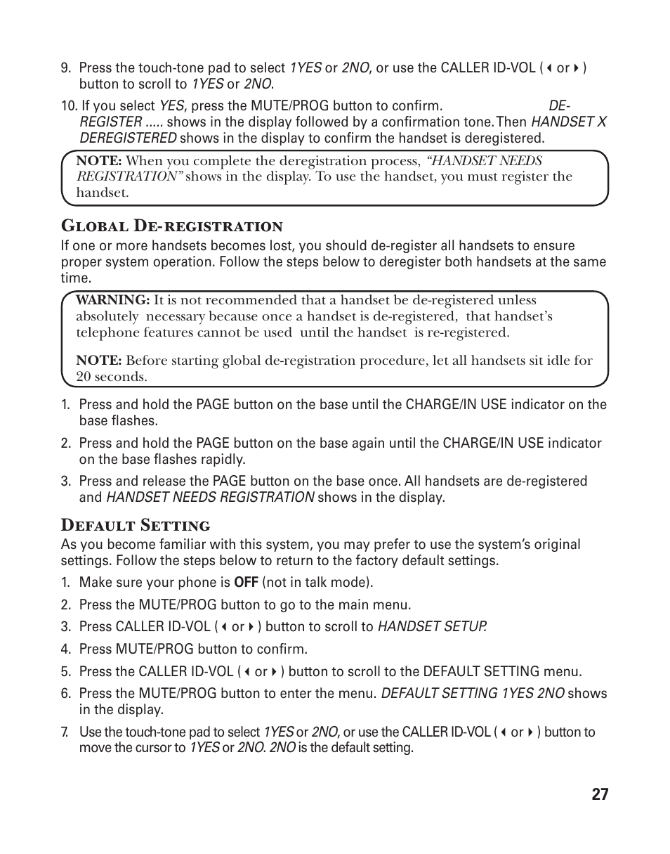 Global de-registration, Default setting | GE 25833 User Manual | Page 27 / 104