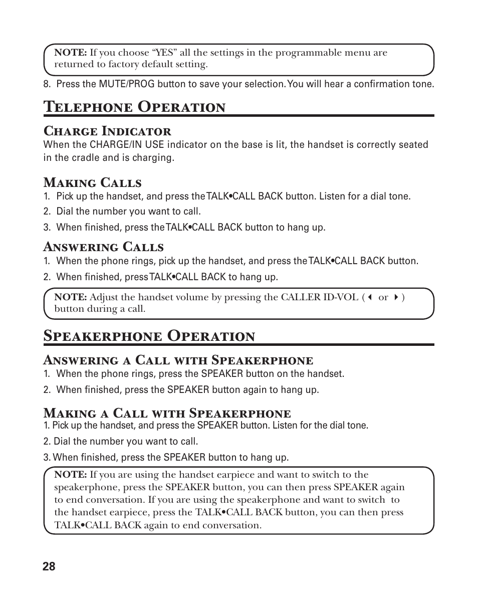 Telephone operation, Speakerphone operation, Charge indicator | Making calls, Answering calls, Answering a call with speakerphone, Making a call with speakerphone | GE 25833 User Manual | Page 28 / 104