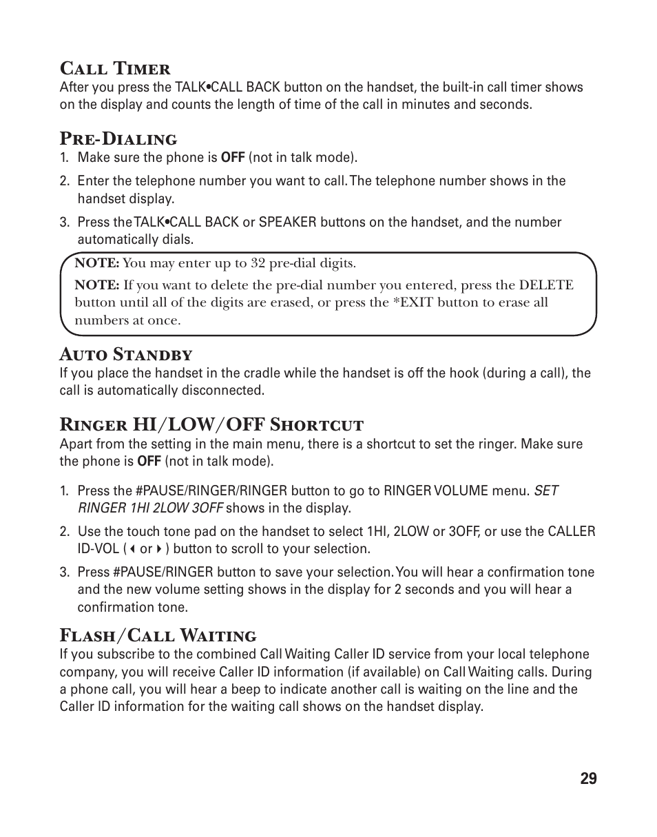 Call timer, Pre-dialing, Auto standby | Ringer hi/low/off shortcut, Flash/call waiting | GE 25833 User Manual | Page 29 / 104