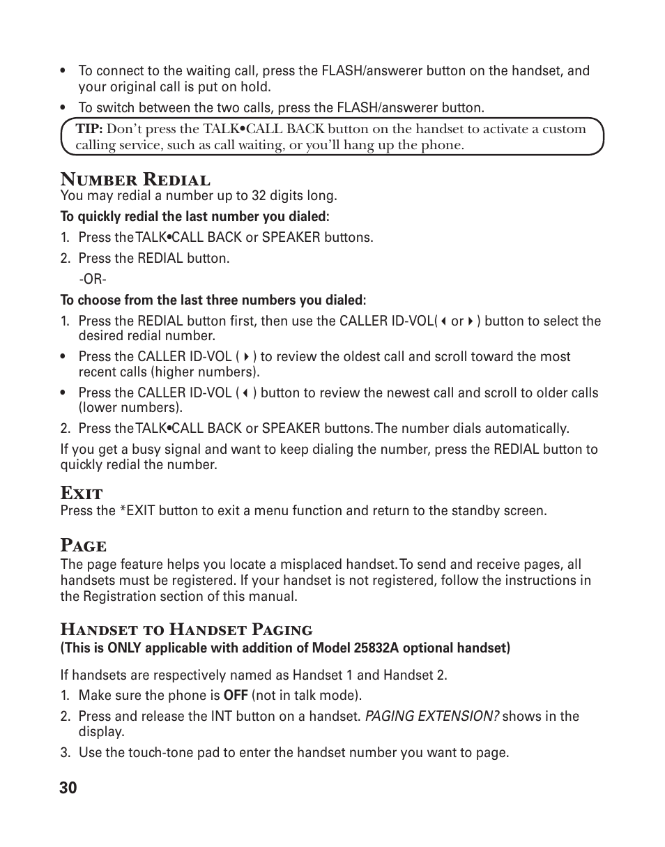 Number redial, Exit, Page | Handset to handset paging | GE 25833 User Manual | Page 30 / 104