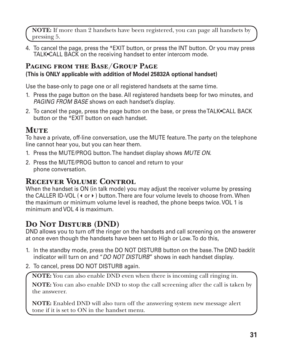 Mute, Receiver volume control, Do not disturb (dnd) | Paging from the base/group page | GE 25833 User Manual | Page 31 / 104