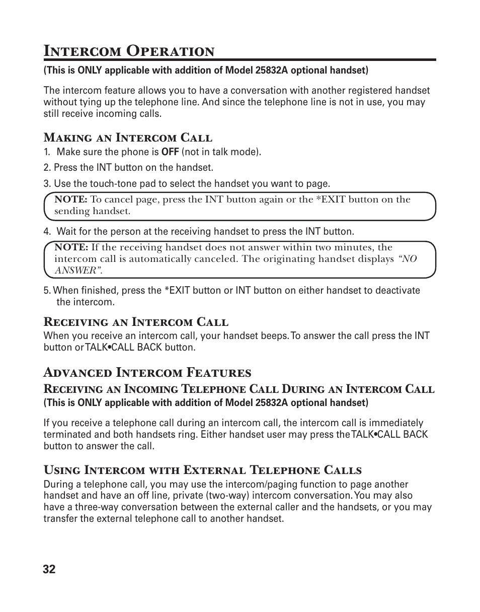 Intercom operation, Advanced intercom features, Making an intercom call | Receiving an intercom call, Using intercom with external telephone calls | GE 25833 User Manual | Page 32 / 104