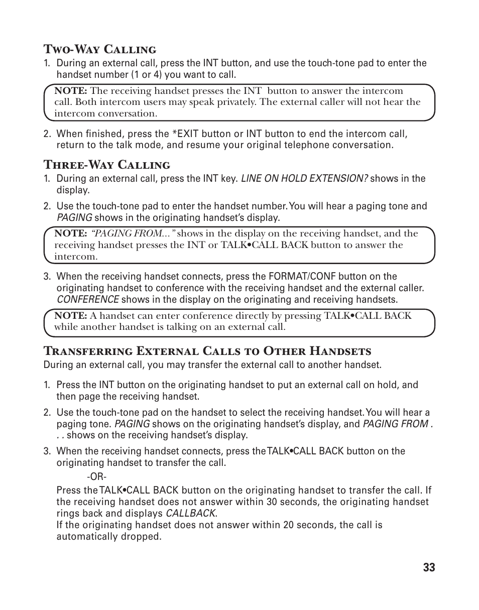 Two-way calling, Three-way calling, Transferring external calls to other handsets | GE 25833 User Manual | Page 33 / 104