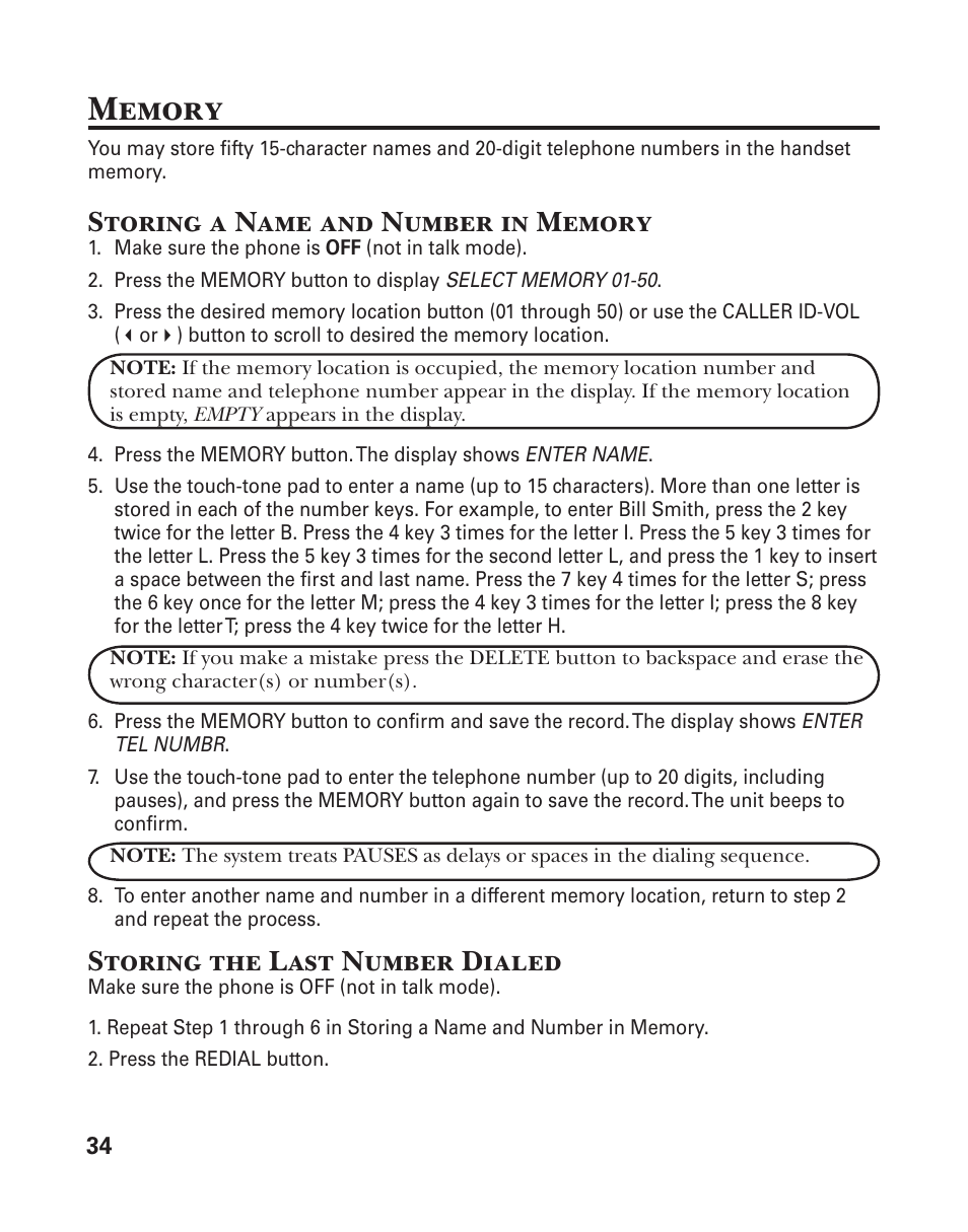 Storing the last number dialed | GE 25833 User Manual | Page 34 / 104