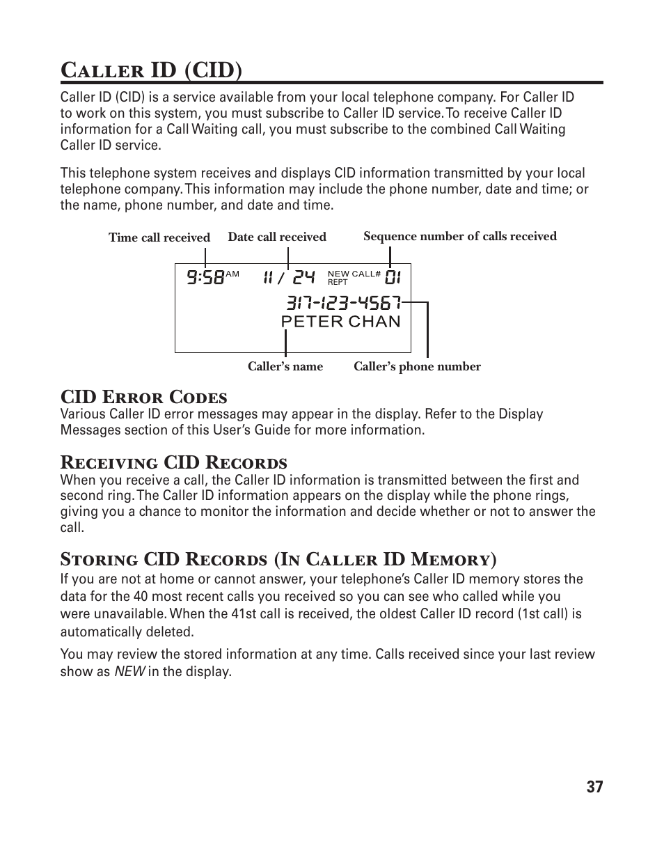 Caller id (cid), Cid error codes, Receiving cid records | GE 25833 User Manual | Page 37 / 104