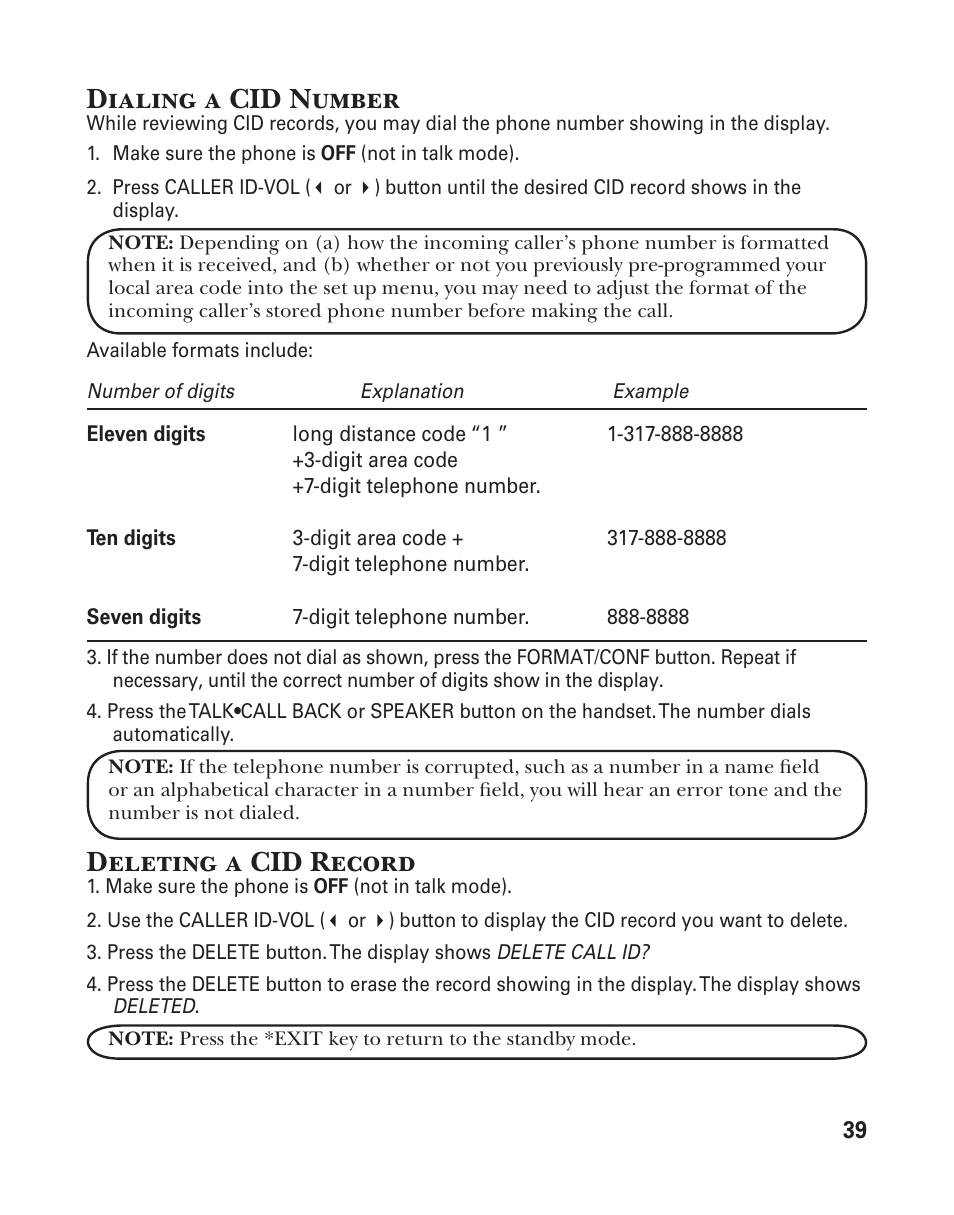 Dialing a cid number, Deleting a cid record | GE 25833 User Manual | Page 39 / 104
