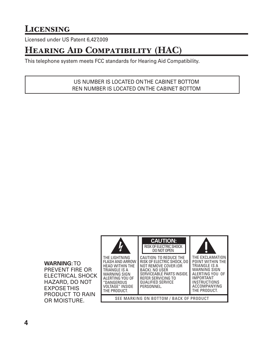 Licensing, Hearing aid compatibility (hac) | GE 25833 User Manual | Page 4 / 104