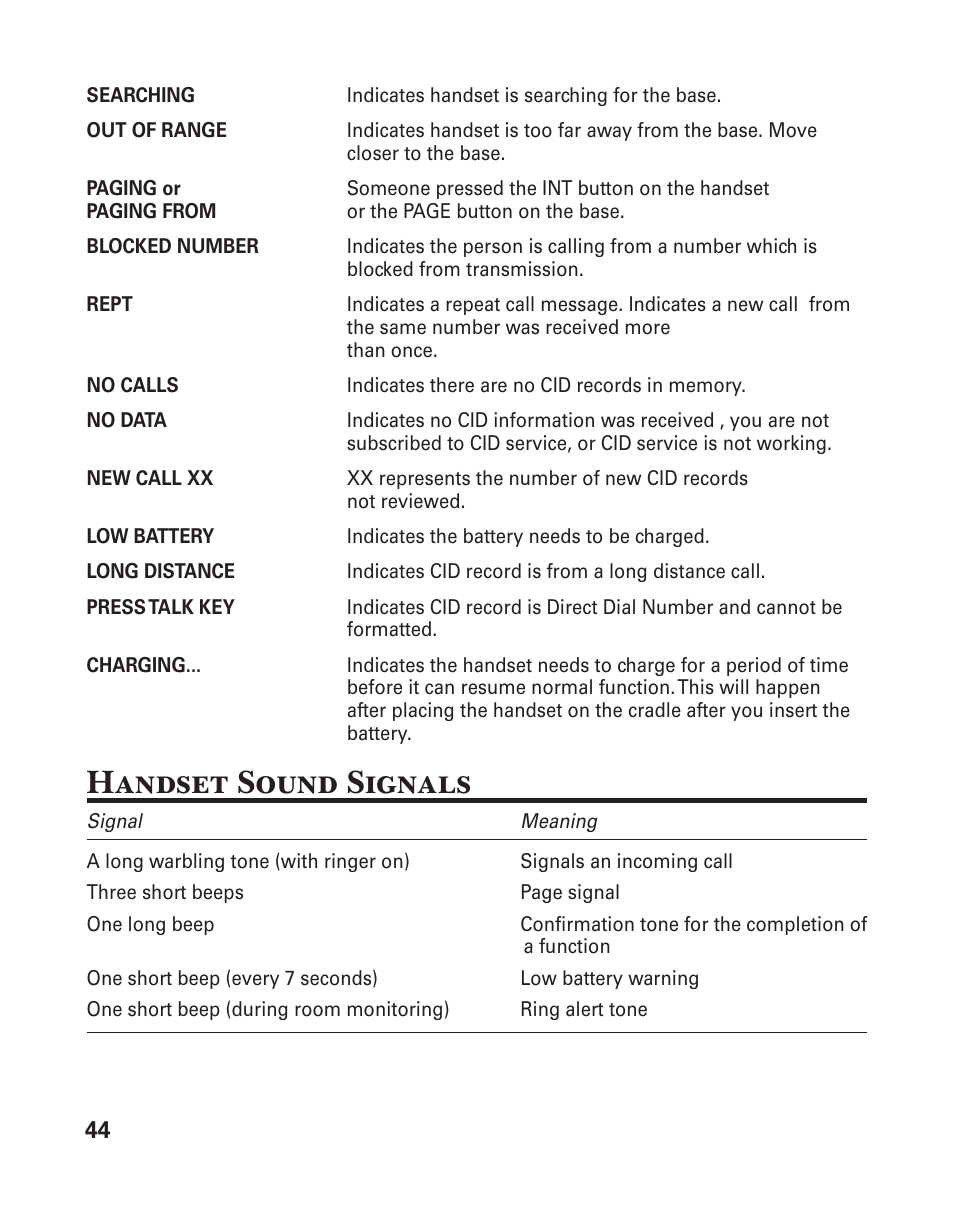 Handset sound signals | GE 25833 User Manual | Page 44 / 104