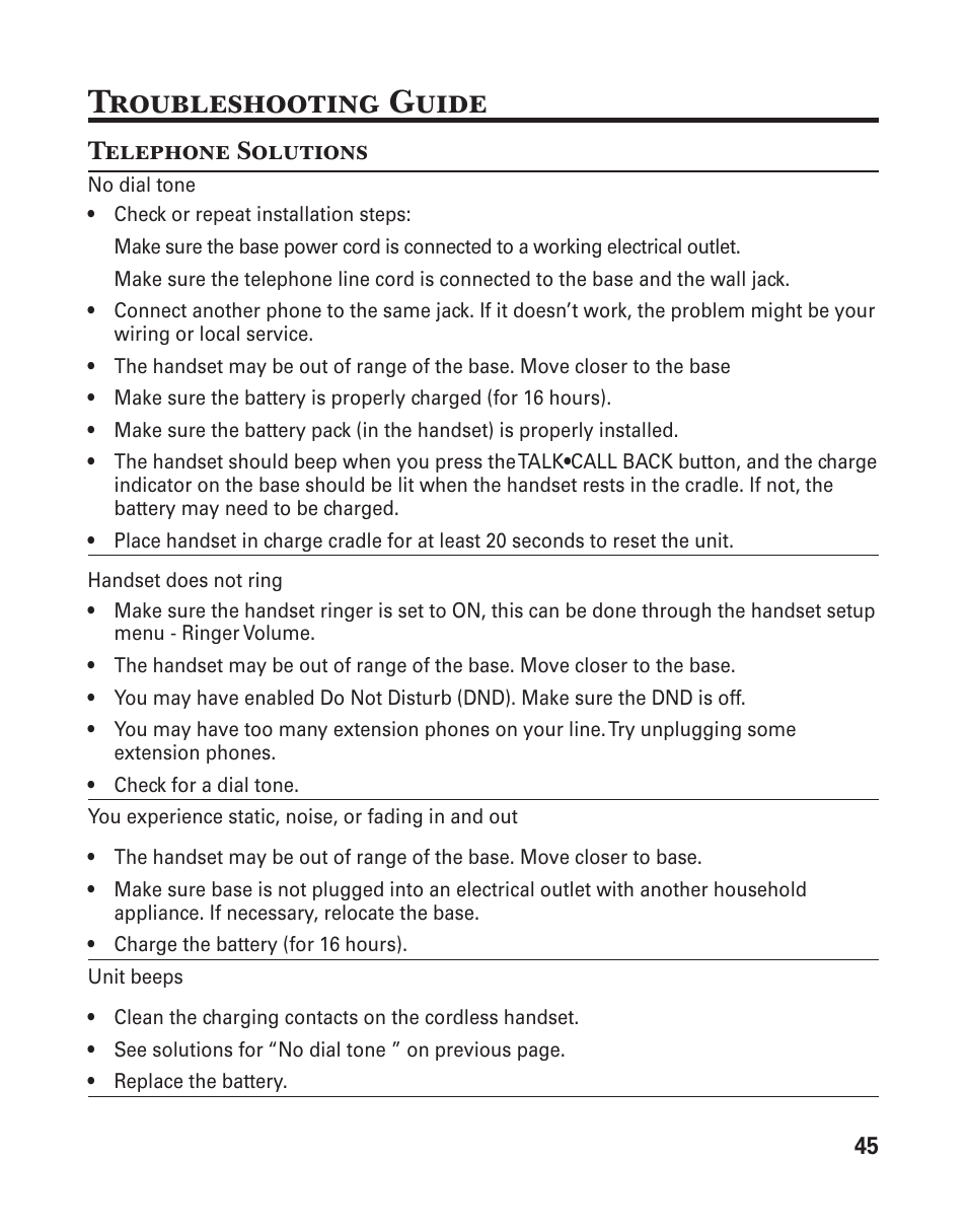 Troubleshooting guide, Telephone solutions | GE 25833 User Manual | Page 45 / 104