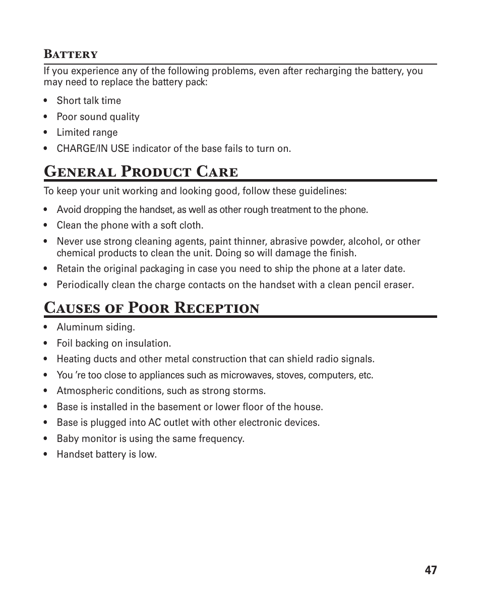 General product care, Causes of poor reception | GE 25833 User Manual | Page 47 / 104