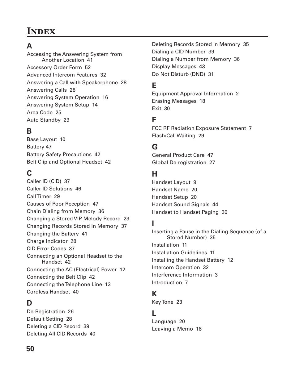 Index, 50 a | GE 25833 User Manual | Page 50 / 104