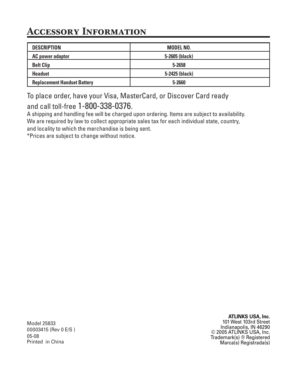 Accessory information | GE 25833 User Manual | Page 52 / 104