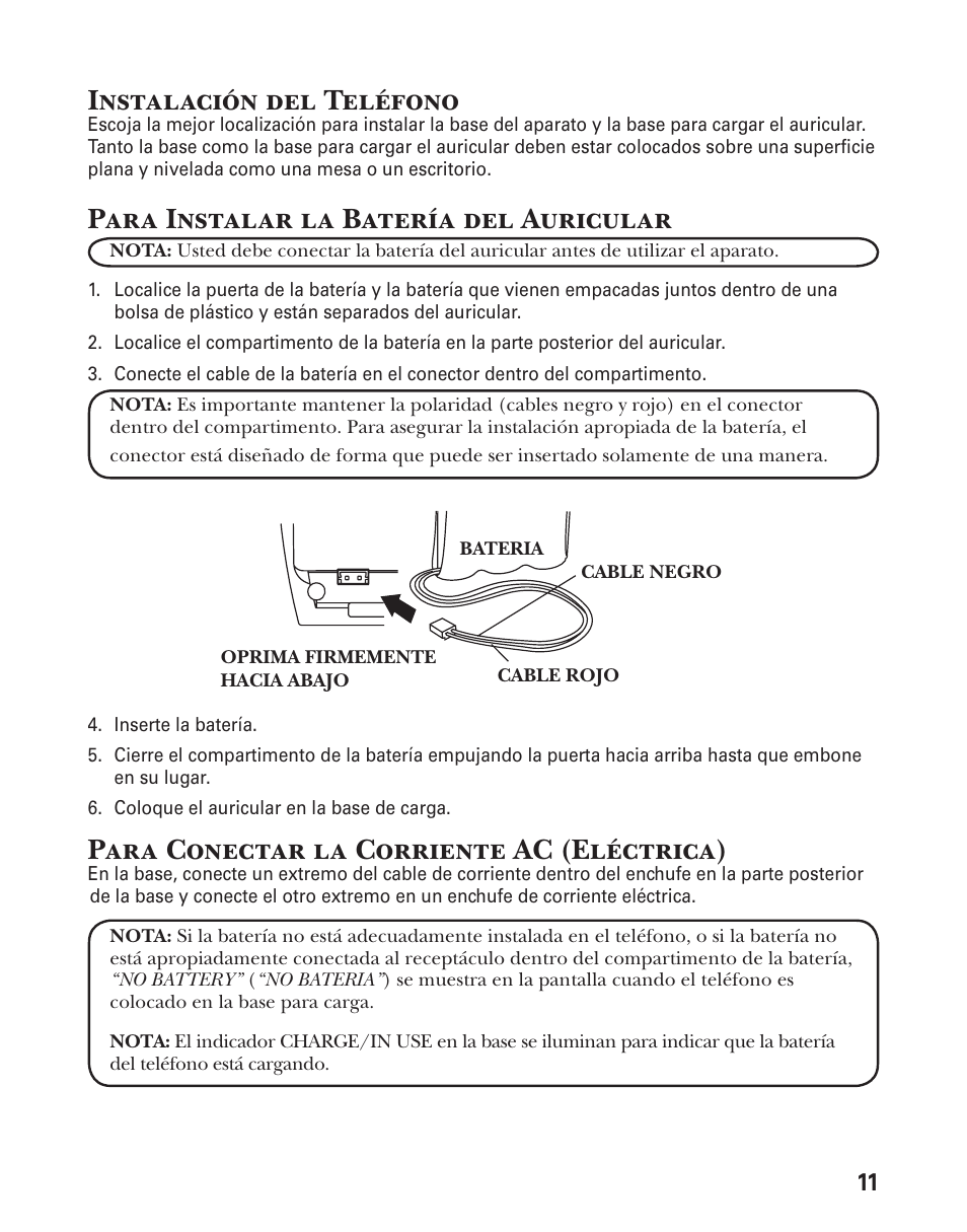 Instalación del teléfono, Para instalar la batería del auricular, Para conectar la corriente ac (eléctrica) | GE 25833 User Manual | Page 63 / 104