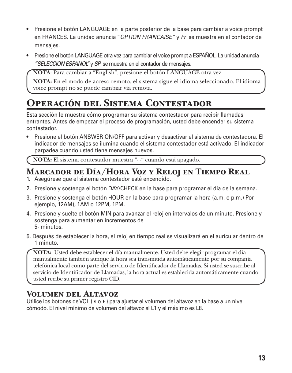 Operación del sistema contestador, Marcador de día/hora voz y reloj en tiempo real, Volumen del altavoz | GE 25833 User Manual | Page 65 / 104