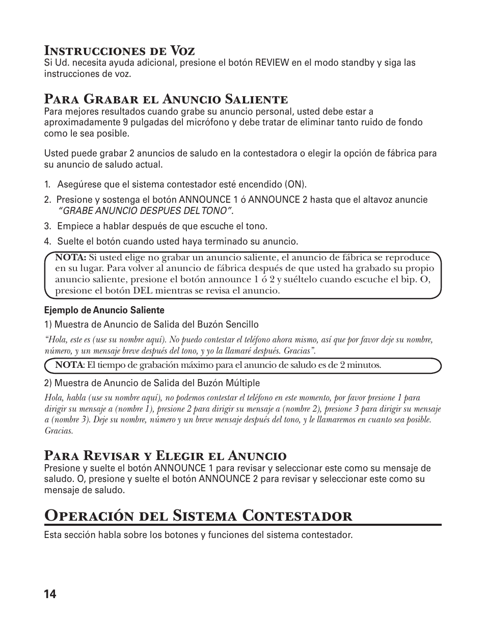 Operación del sistema contestador, Instrucciones de voz, Para grabar el anuncio saliente | Para revisar y elegir el anuncio | GE 25833 User Manual | Page 66 / 104