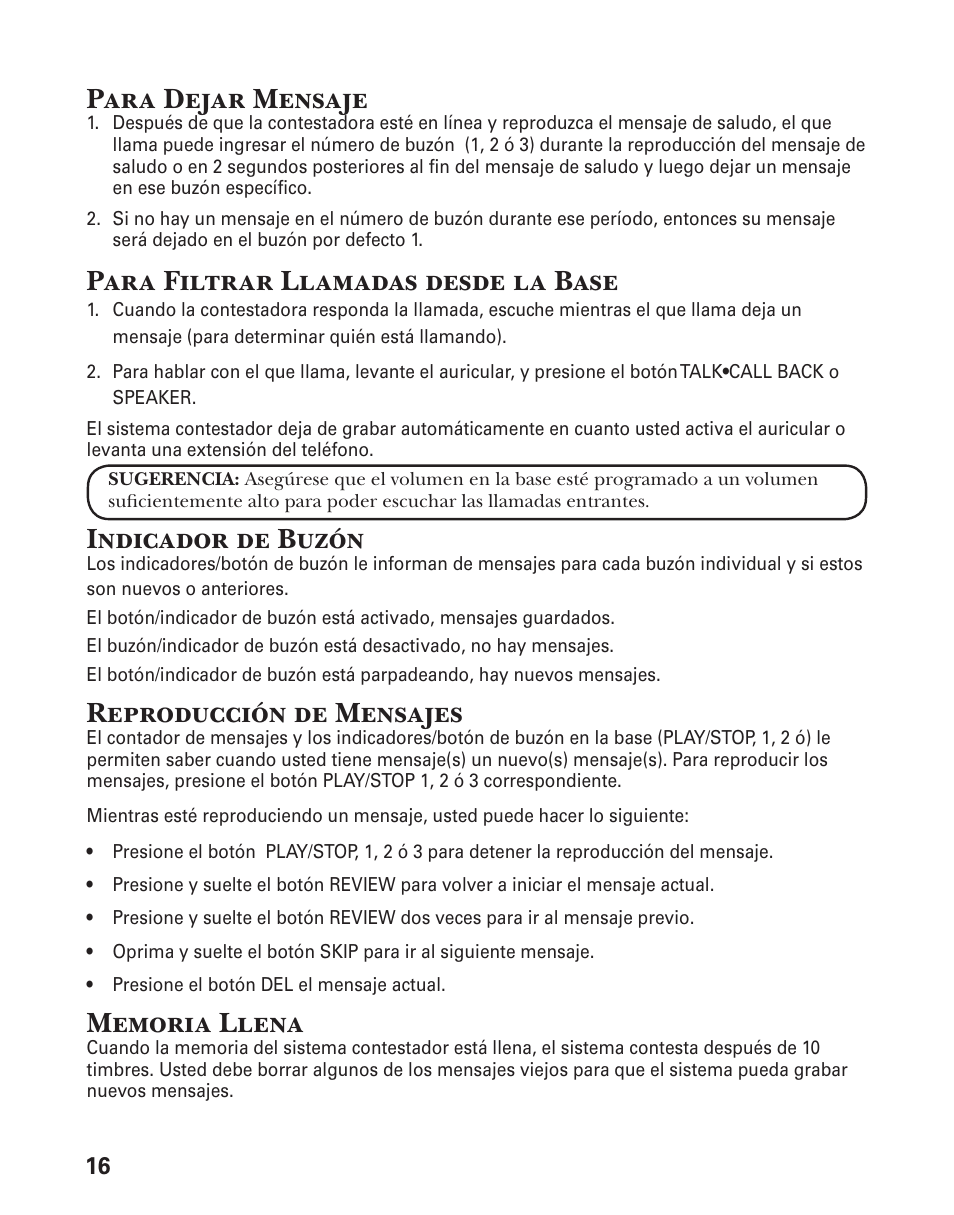 Para dejar mensaje, Para filtrar llamadas desde la base, Indicador de buzón | Reproducción de mensajes | GE 25833 User Manual | Page 68 / 104