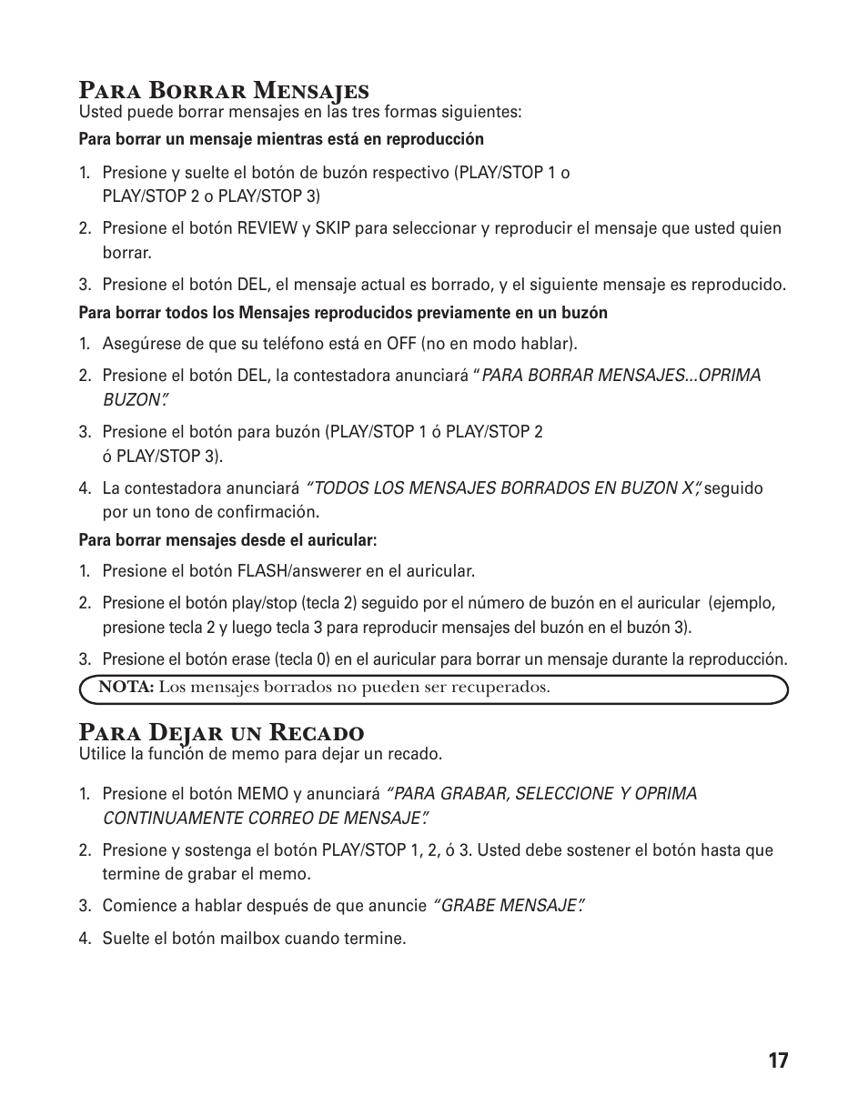 Para borrar mensajes, Para dejar un recado | GE 25833 User Manual | Page 69 / 104