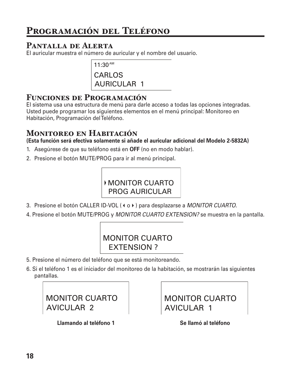Programación del teléfono, Pantalla de alerta, Funciones de programación | Monitoreo en habitación | GE 25833 User Manual | Page 70 / 104