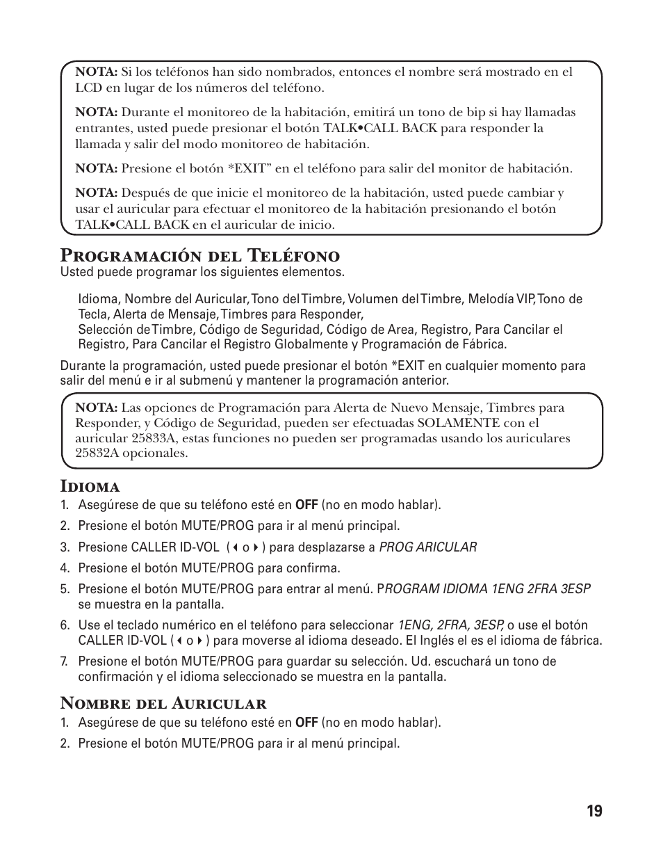 Programación del teléfono, Idioma, Nombre del auricular | GE 25833 User Manual | Page 71 / 104