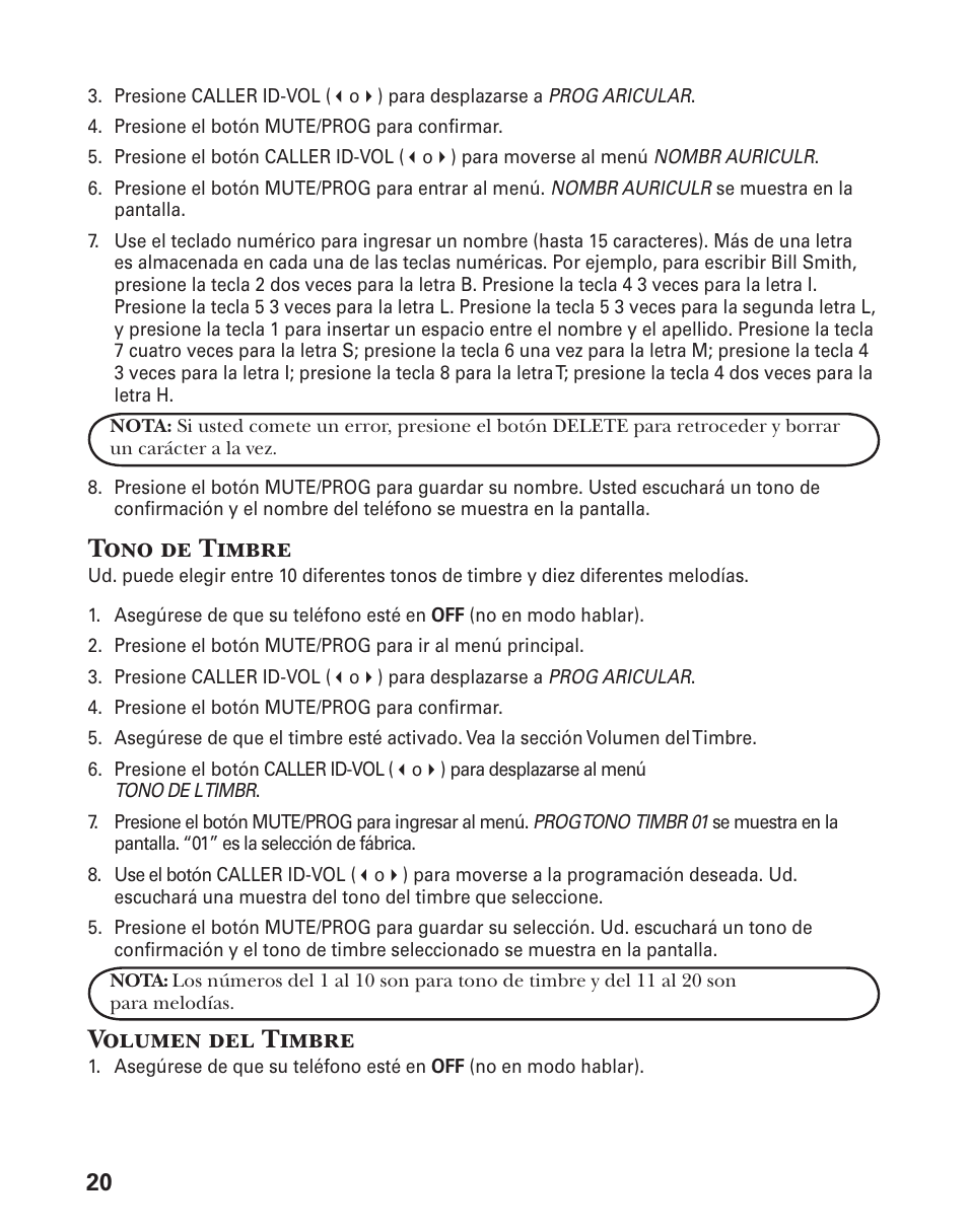 Tono de timbre, Volumen del timbre | GE 25833 User Manual | Page 72 / 104