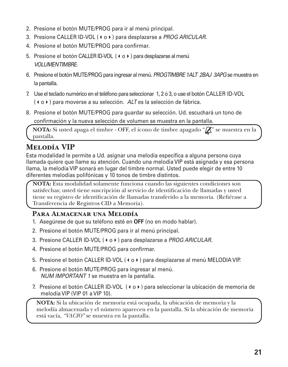 Melodía vip, Para almacenar una melodía | GE 25833 User Manual | Page 73 / 104