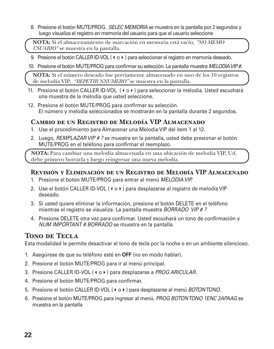 Tono de tecla, Cambio de un registro de melodía vip almacenado | GE 25833 User Manual | Page 74 / 104