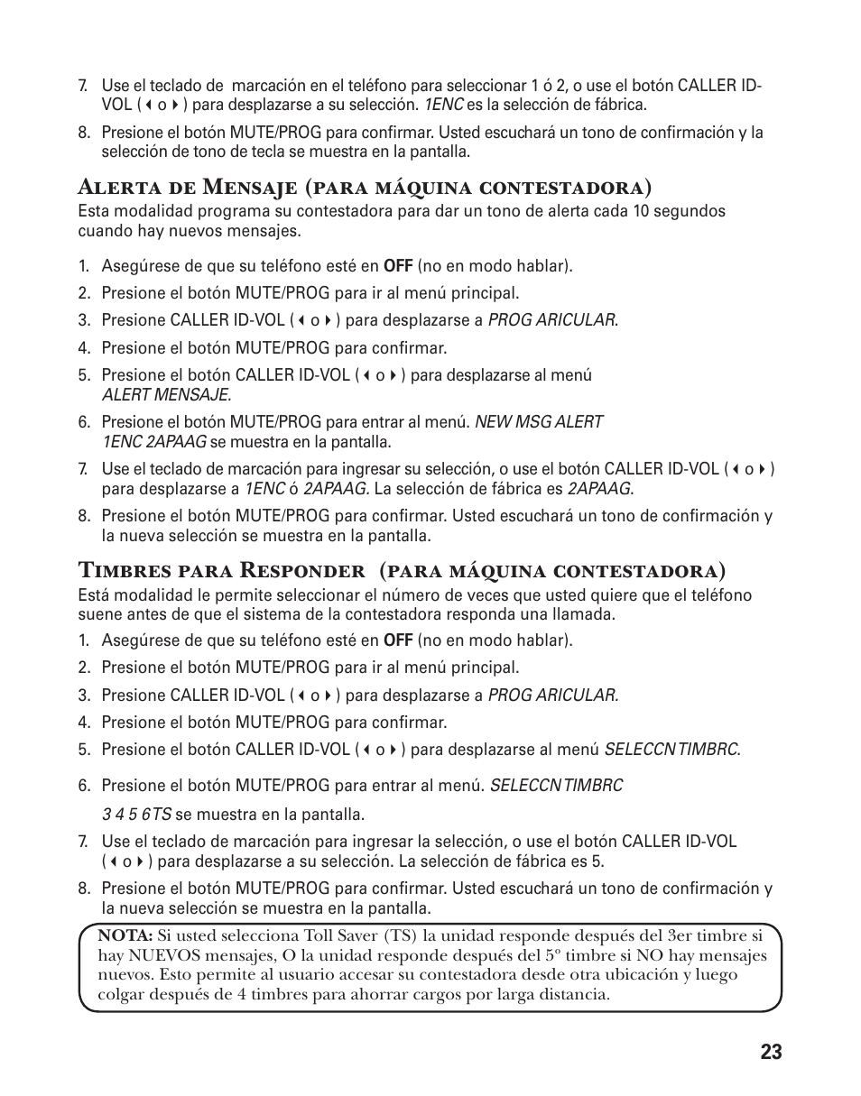 Alerta de mensaje (para máquina contestadora), Timbres para responder (para máquina contestadora) | GE 25833 User Manual | Page 75 / 104