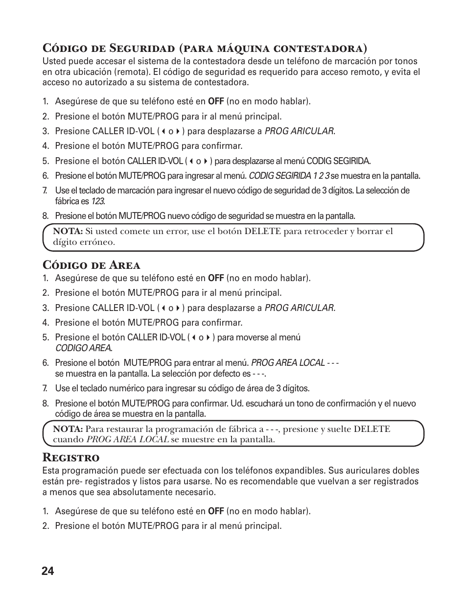 Código de seguridad (para máquina contestadora), Código de area, Registro | GE 25833 User Manual | Page 76 / 104