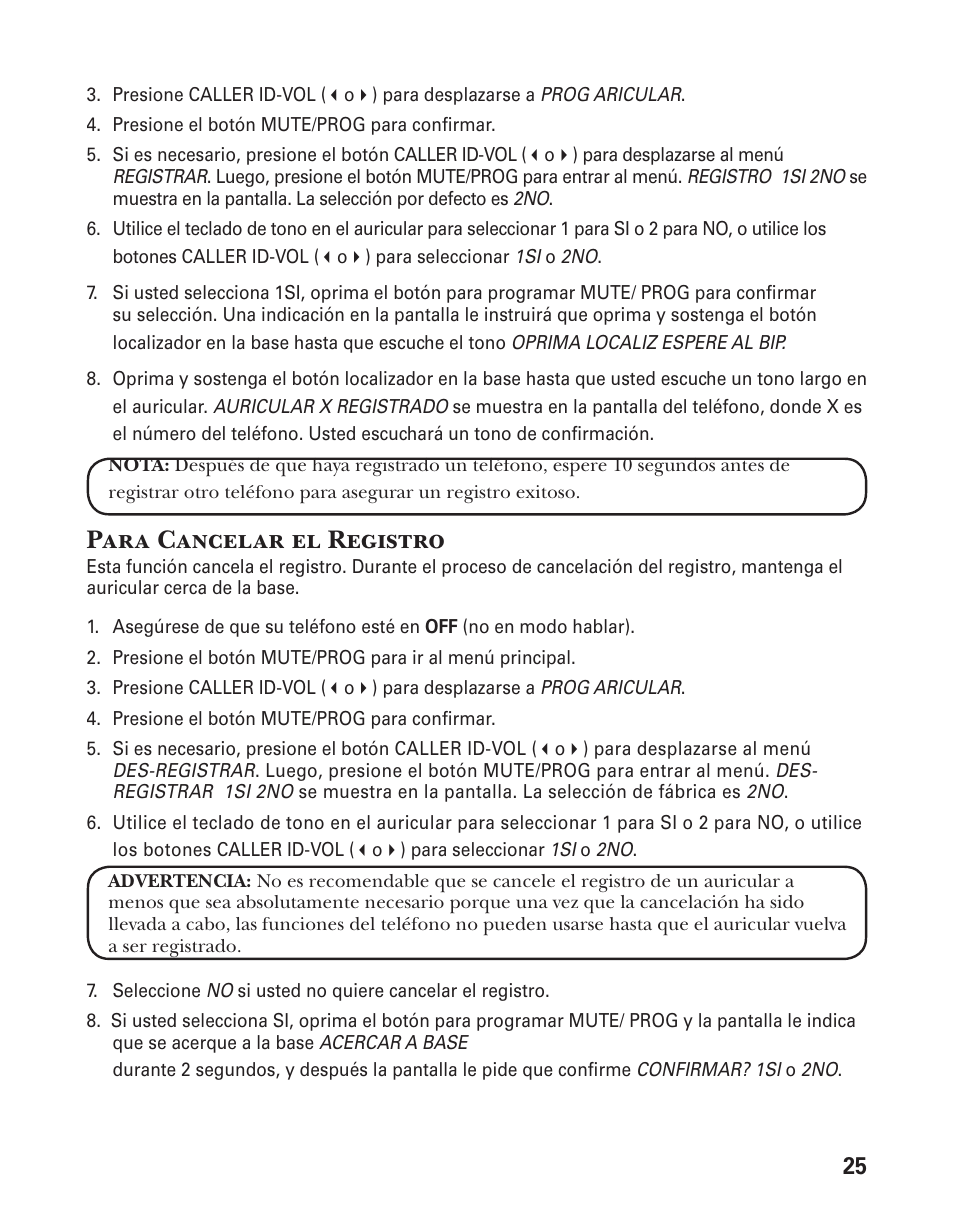 Para cancelar el registro | GE 25833 User Manual | Page 77 / 104