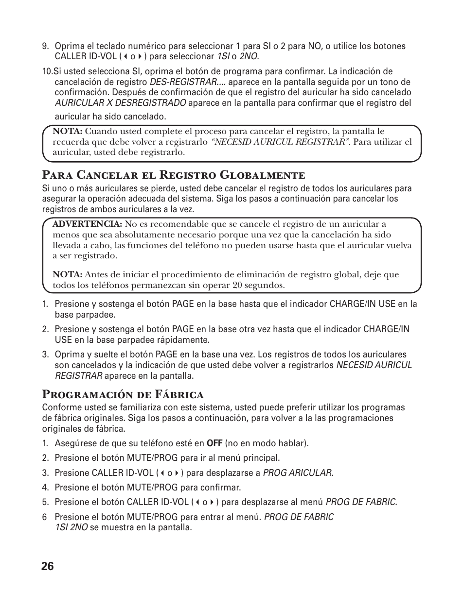 Para cancelar el registro globalmente, Programación de fábrica | GE 25833 User Manual | Page 78 / 104