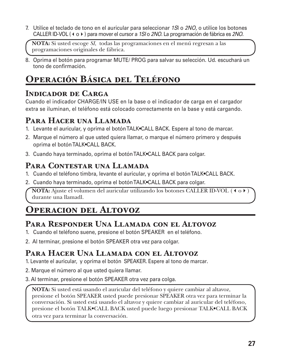 Operación básica del teléfono, Operacion del altovoz, Indicador de carga | Para hacer una llamada, Para contestar una llamada, Para responder una llamada con el altovoz, Para hacer una llamada con el altovoz | GE 25833 User Manual | Page 79 / 104