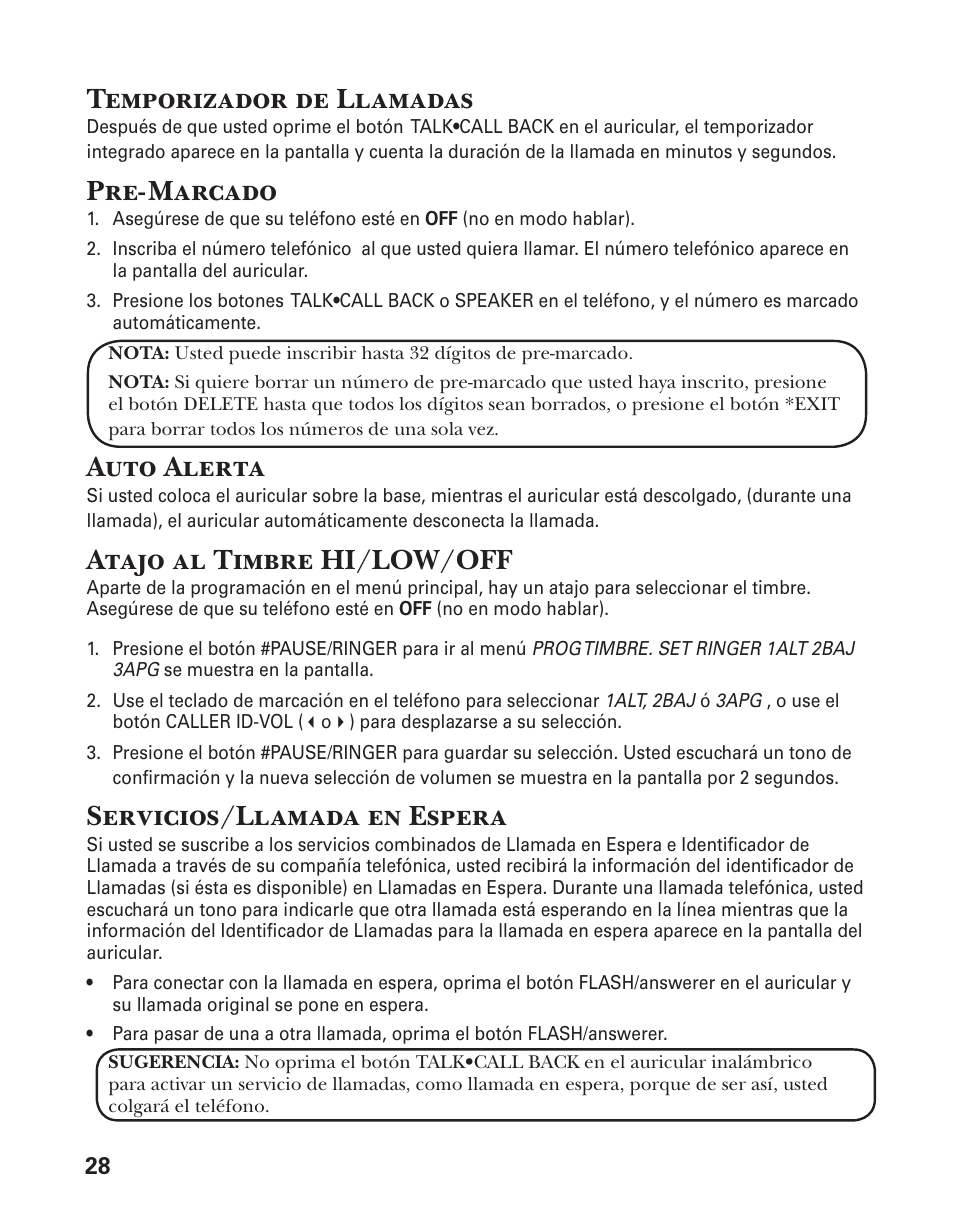 Temporizador de llamadas, Pre-marcado, Auto alerta | Atajo al timbre hi/low/off, Servicios/llamada en espera | GE 25833 User Manual | Page 80 / 104