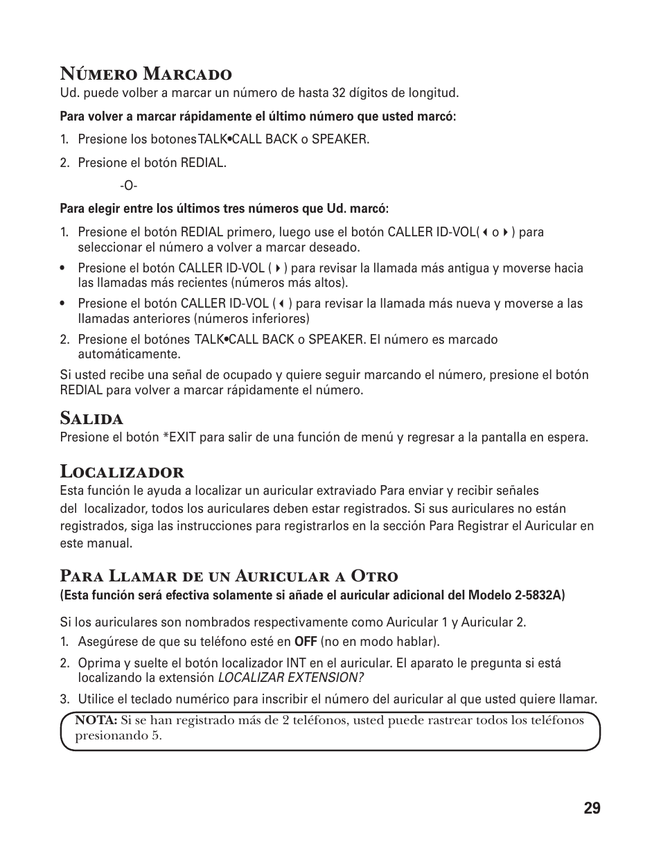 Número marcado, Salida, Localizador | Para llamar de un auricular a otro | GE 25833 User Manual | Page 81 / 104