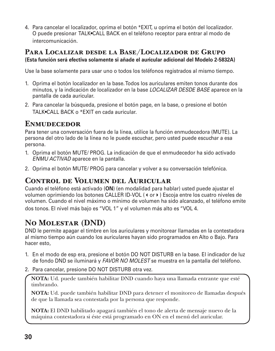 Enmudecedor, Control de volumen del auricular, No molestar (dnd) | Para localizar desde la base/localizador de grupo | GE 25833 User Manual | Page 82 / 104