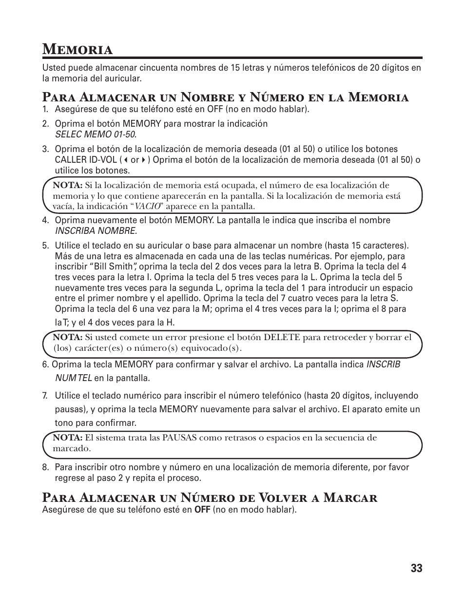 Para almacenar un número de volver a marcar | GE 25833 User Manual | Page 85 / 104